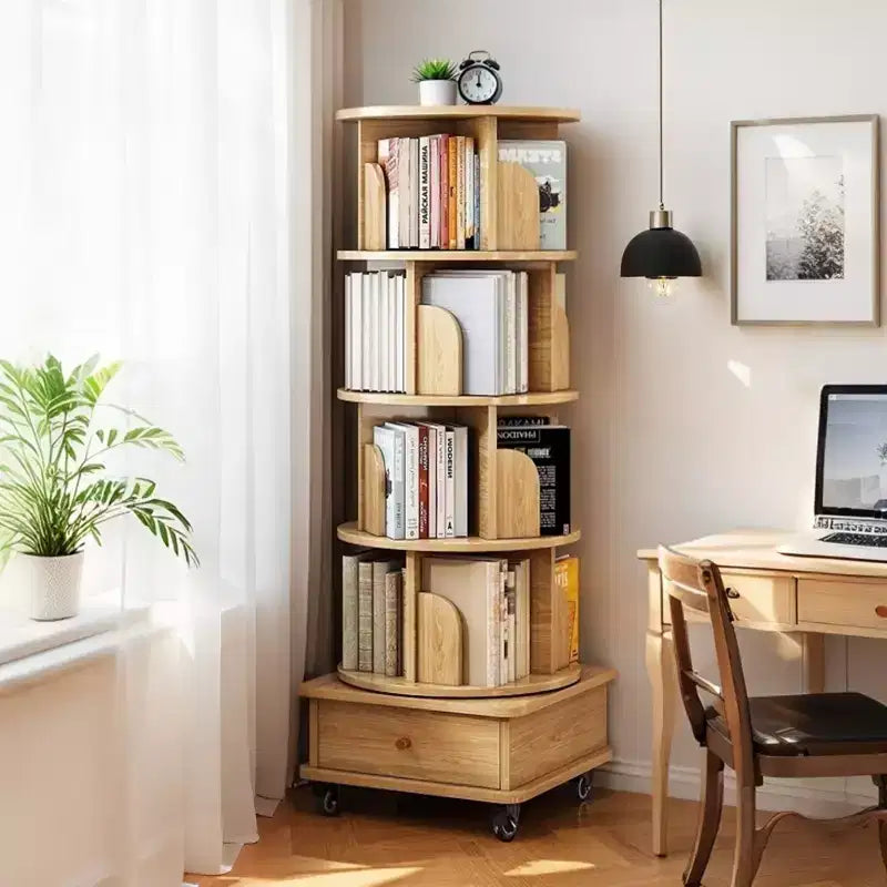 5-Tier 360�� Rotating Bookshelf Tower, Natural Wood