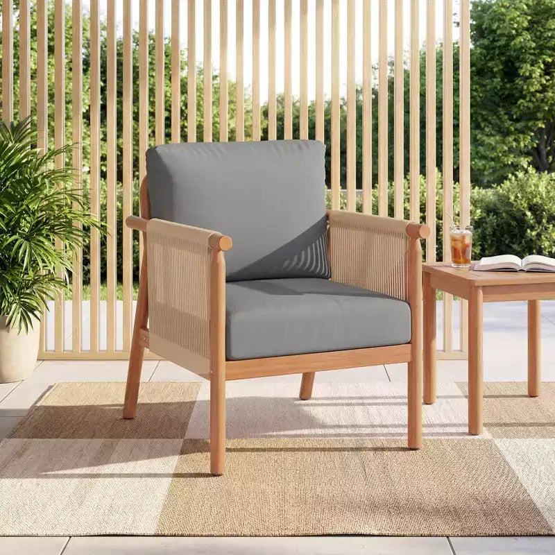 Costway Patio Acacia Wood Chair with Woven Rope Armrests & Seat Back Cushions for Backyard Natural + Gray/White