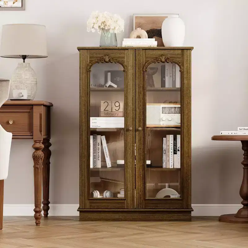 Vintage Pine Display Cabinet with Glass Doors and Intricate Wood Carvings