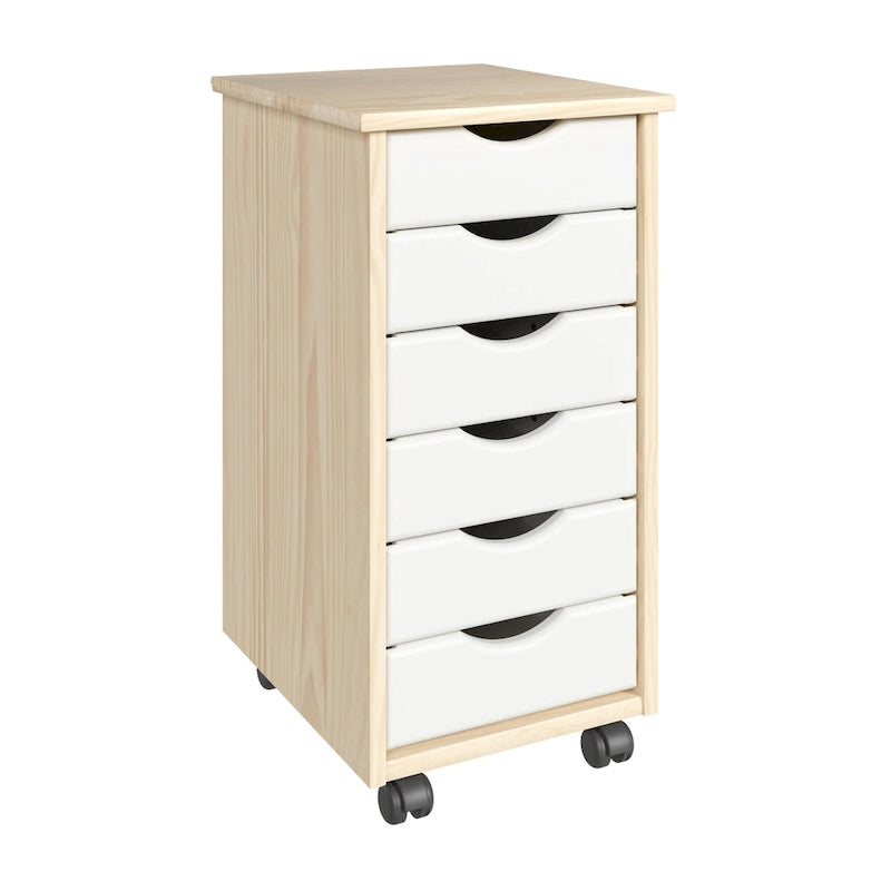 Solid Wood 6-Drawer Narrow Roll Cart, Natural and White