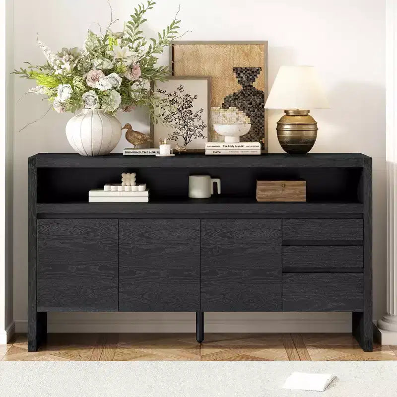 Multi-Functional 60 Large Storage Cabinet Sideboard with 3 Doors, Semi-Open Shelf and 3 Drawers, Wood Accent Entryway Console Table TV Stand