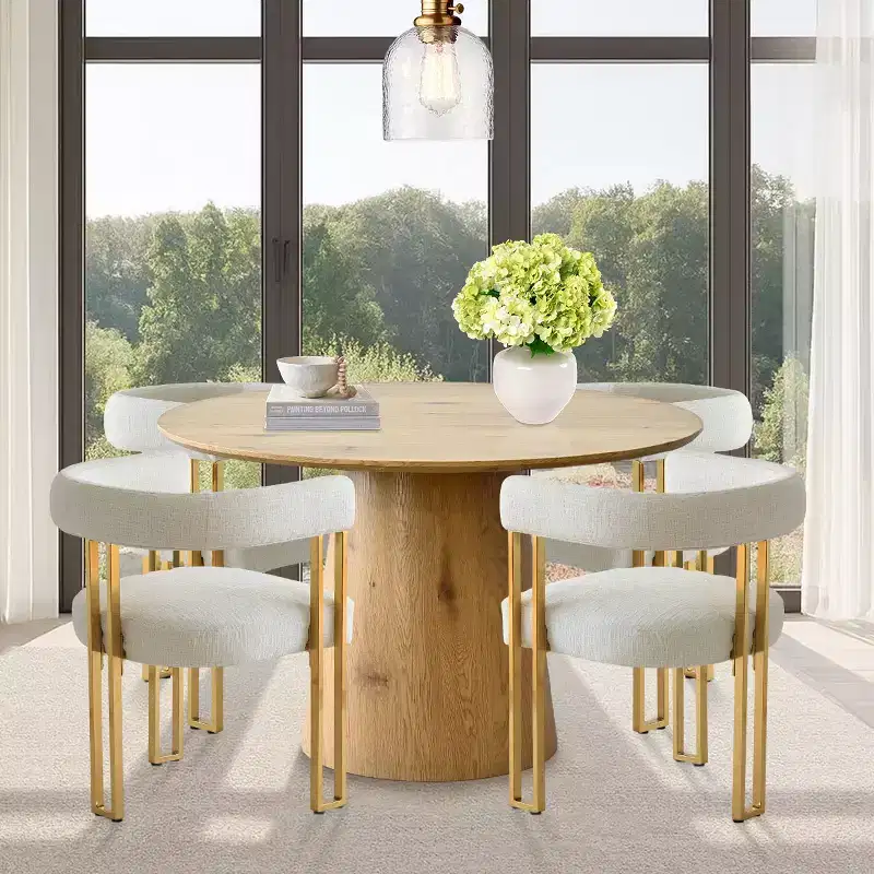 Expandable Round to Oval Dining Table Set with 4 Velvet Armchairs, Modern Pedestal Design, Seats Up to 8 People-Panipeachy