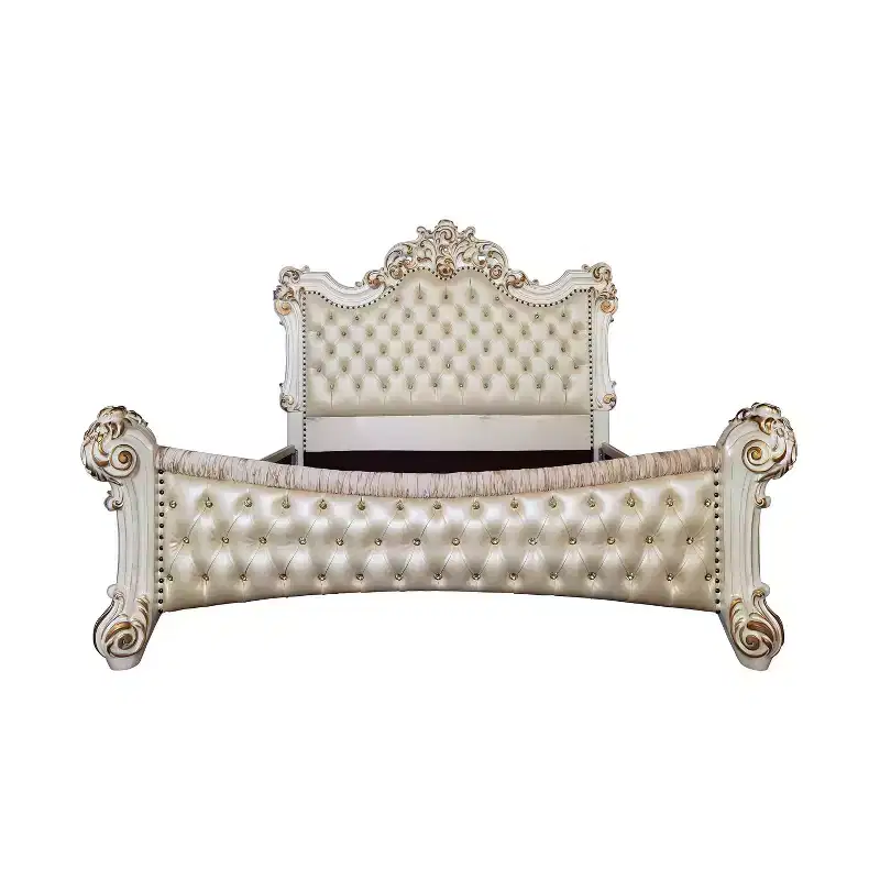 96" Eastern King Bed Vendome Antique Pearl Finish - Acme Furniture: Luxury Upholstered Tufted Headboard, Faux Leather, Glam Style