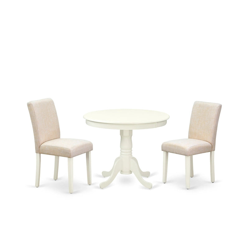 East West Furniture Dining Table Set- A Round Kitchen Table and Light Beige Linen Fabric Chairs, Linen White (Pieces Options)