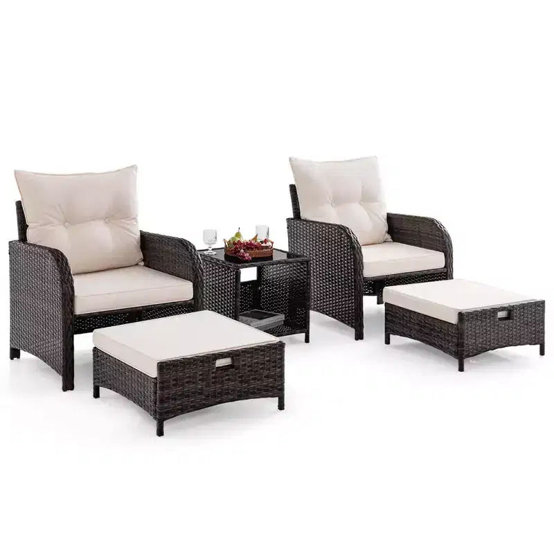 Costway 5 PCS Patio Conversation Set with 2 Chairs 2 Ottomans & 1 Coffee Table for Backyard Beige