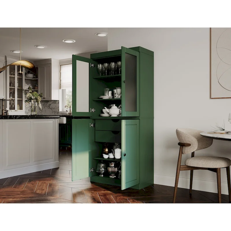 100% Solid Wood Pantry Cabinet with Frosted Glass Doors, Solid Doors, 2-Drawers and Adjustable Shelves