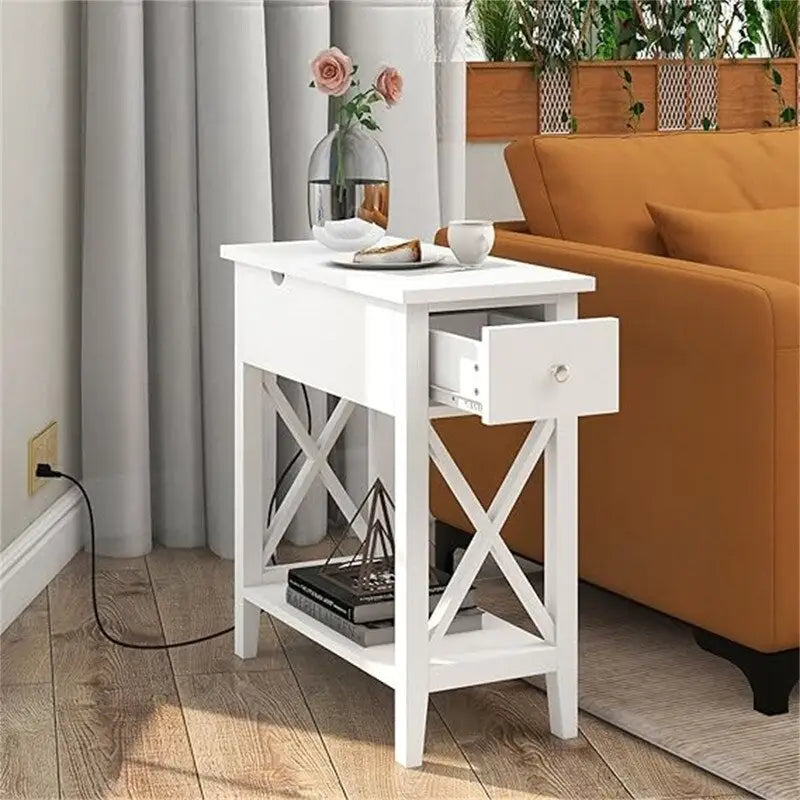 Narrow End Table with Flip Top Drawer and Charging Station