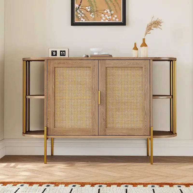 2-Door Curved Dining Cabinet with Gold Trim and Woven Rattan Doors