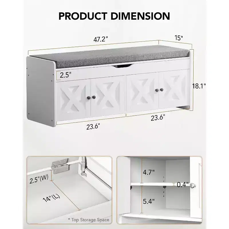 Shoe Storage Bench, 47.2 In Long Entryway Bench with Cushioned Seat Lift Top Storage, 4 Doors, 300 lbs Capacity, Bench with Shoe Rack for Entryway
