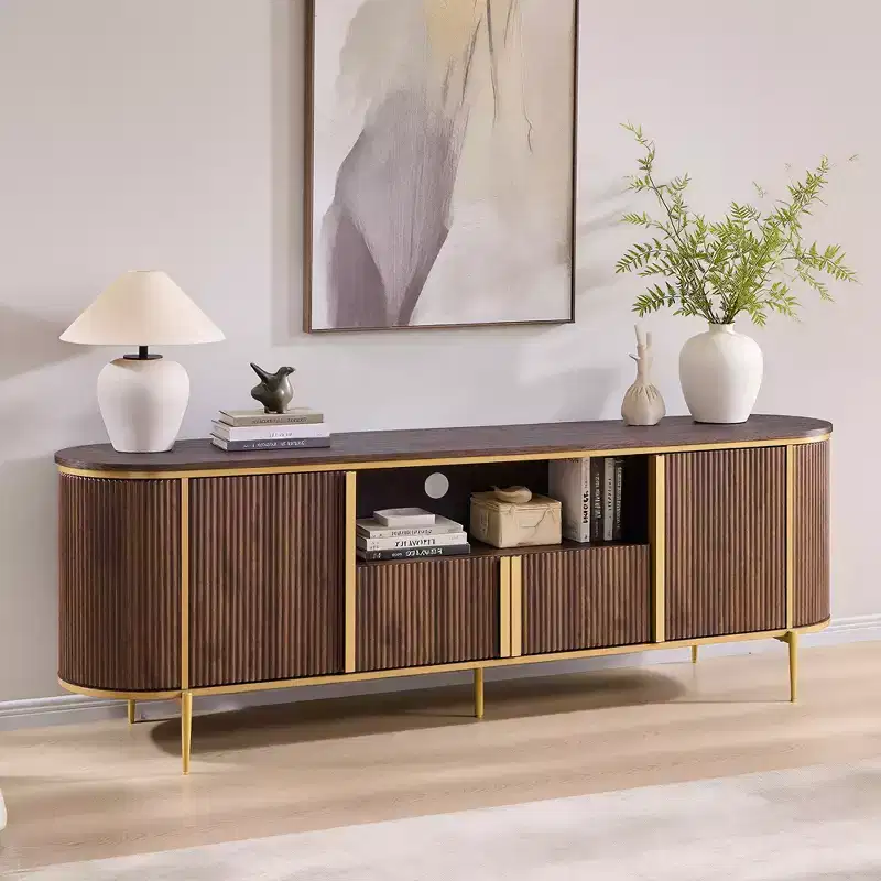 70 Fluted Stand, Modern Entertainment Center with Faux Marble Top and Curved Design, Media Console for Living Room Storage