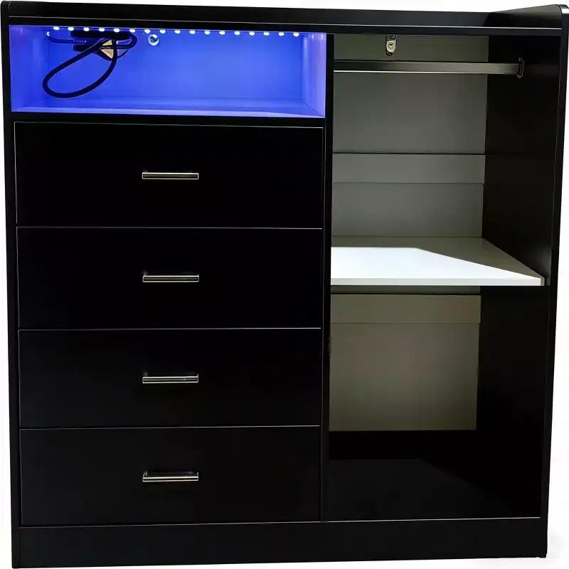 Modern LED Dresser with Open Wardrobe and 4 Drawers
