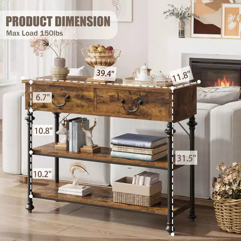 Slim Console Table with 2 Drawers and Open Shelves, Brown