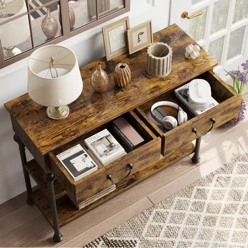 Slim Console Table with 2 Drawers and Open Shelves, Brown