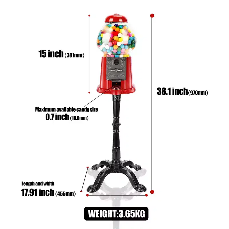 JVNOXK-5 Inch Commercial Red Bubble Gum Machine Stand, Key-Operated Free Candy Dispenser Bubble Gum Machine Coin-Operated Halloween Christmas Party