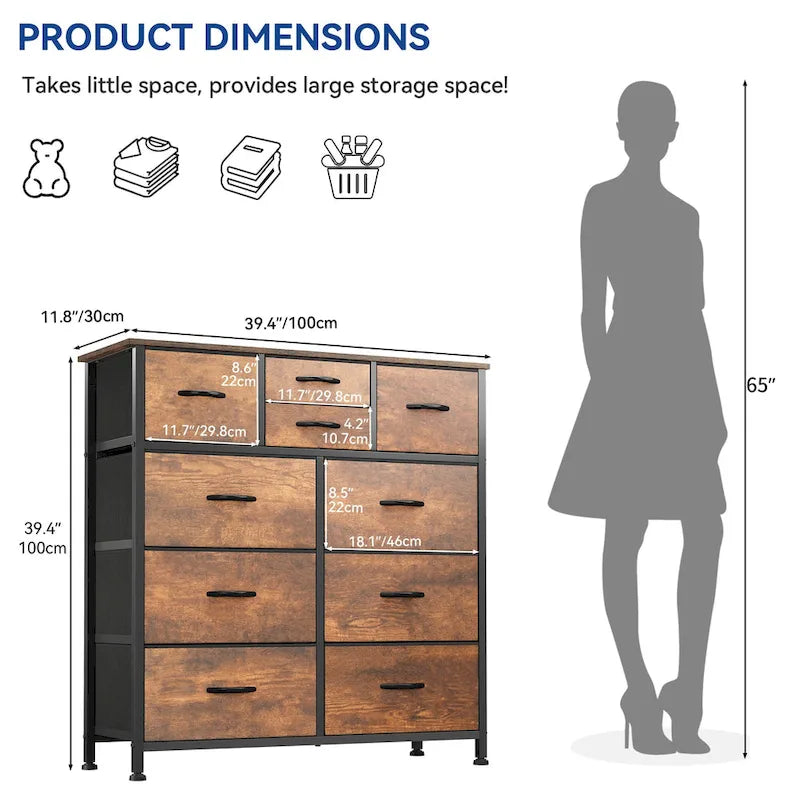 Rustic Wood-grain Bedroom Dresser with Metal Frame, Wooden Top