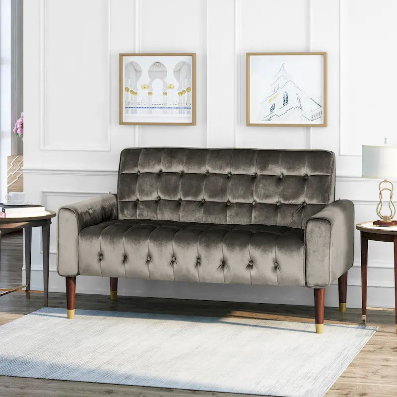Mid-Century Modern Tufted Velvet Loveseat with Gold Tapered Legs