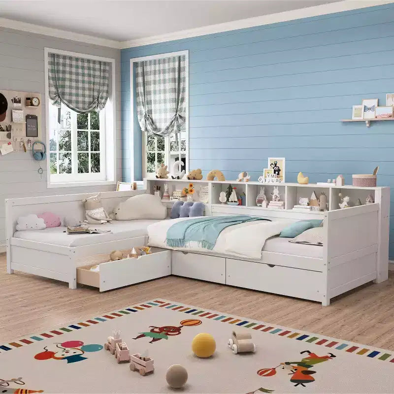 MAYEERTY Twin Size Bed for 2 L-shape Bed Frame with Storage 3 Drawers Wooden Corner Bed with Bookshelf for Bedroom White