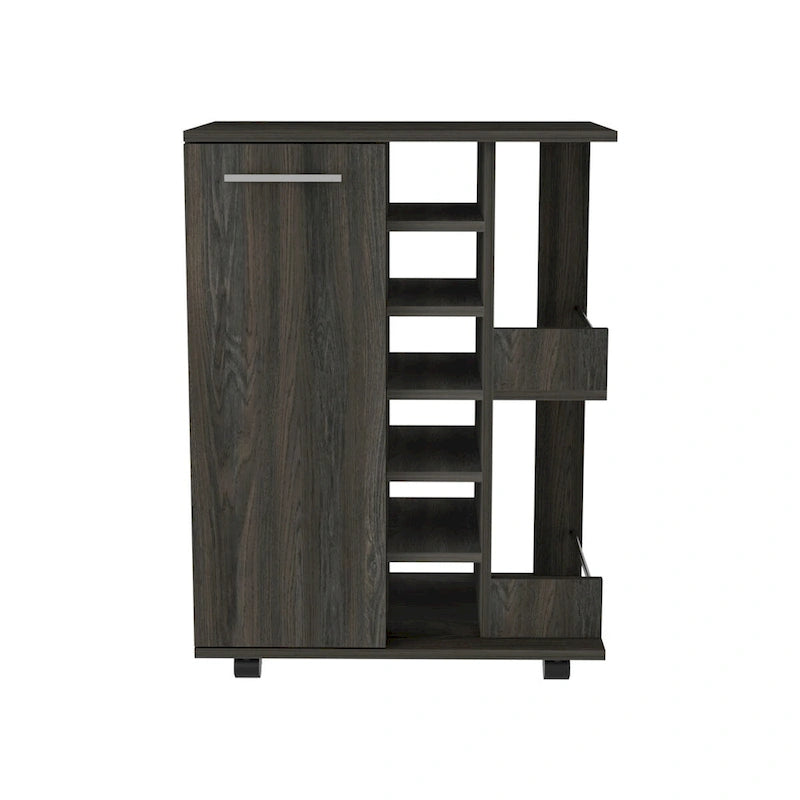 Rolling Bar Cart with Enclosed Cabinet 6-Bottle Wine Cubby and Open Bottle Shelves