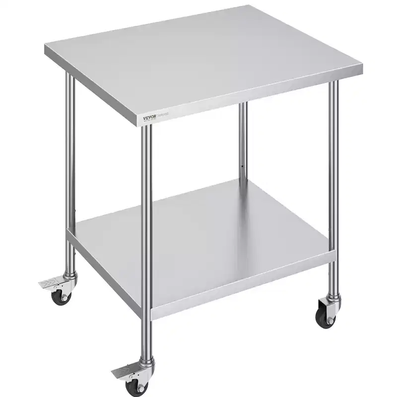 Stainless Steel Work Table 30x36x38 Inch, 4 Swivel Casters, 3-Level Adjustable Shelf