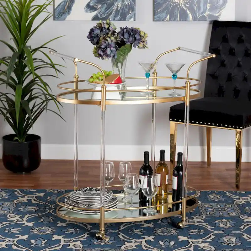 Gold Metal and Mirrored Glass 2-Tier Rolling Wine Cart with Raised Guard Rails