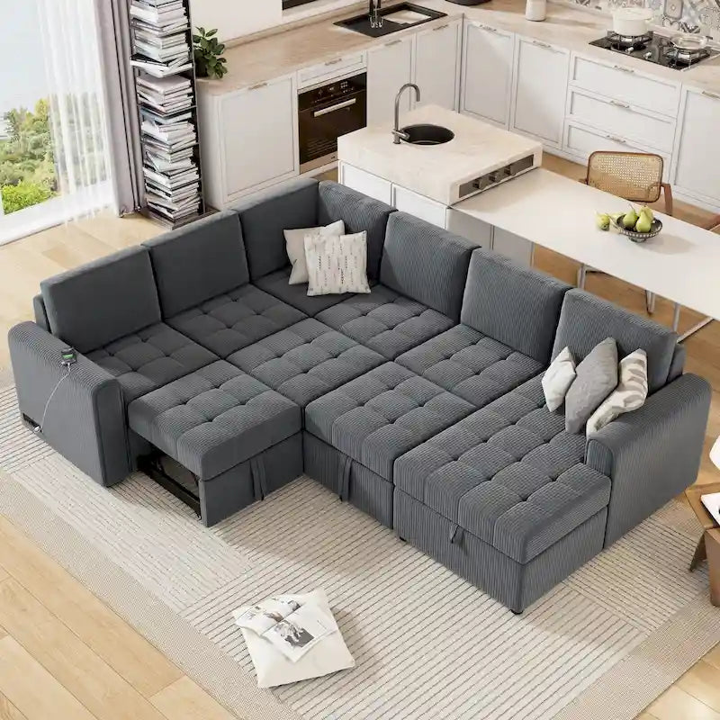 Roomfitters U-Shaped Sectional Sofa Pull-Out Bed with Storage Chaise Lounge and Built-In Charging Devices for Living Room