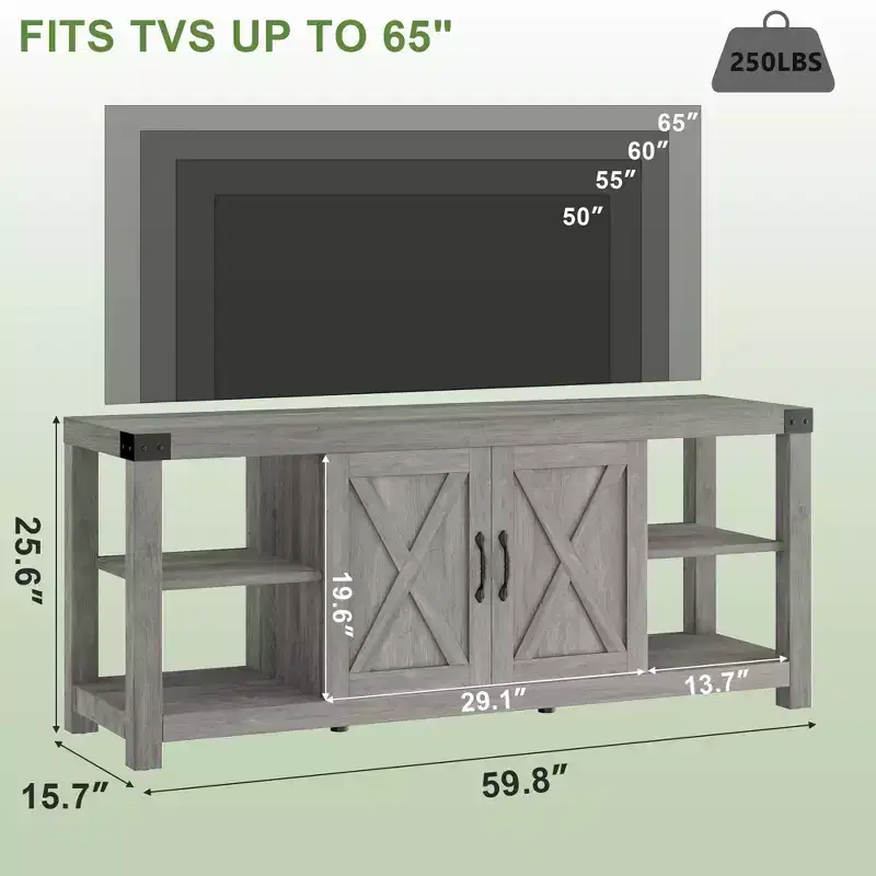 TV Stand for 65 Inch TV, 60 Inch Entertainment Center with Storage, Farmhouse TV Console Table with Shelves, Wooden Media Console Cabinet with Doors