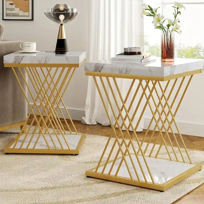 Modern White Gold Square Side End Table with Storage Shelf