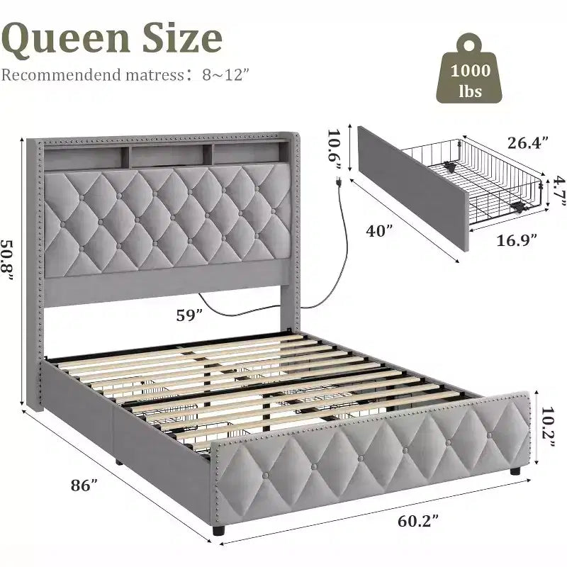 Upholstered Drawer Bed with Storage | Light Gray Plywood + Sponge + Copper Nail | For Bedroom, Guest Room