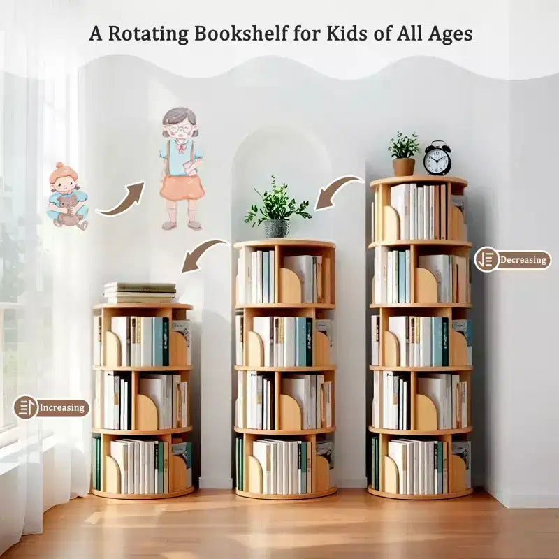 5-Tier 360�� Rotating Bookshelf Tower, Natural Wood
