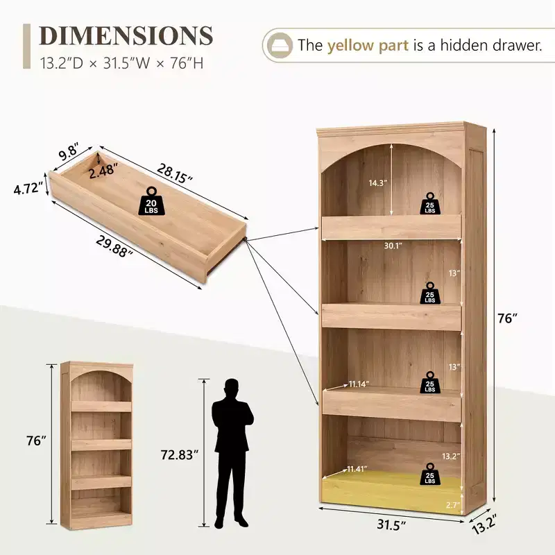 76 Tall Arched Bathroom Storage Cabinet, 4-Tier Wood Storage with Magnetic-Lock Bottom Drawer & 3 Hidden Drawers for Bathroom, Laundry