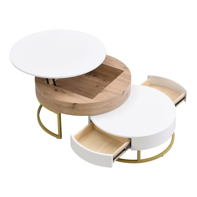 Modern Round Lift-Top Nesting Coffee Tables with Storage Drawers