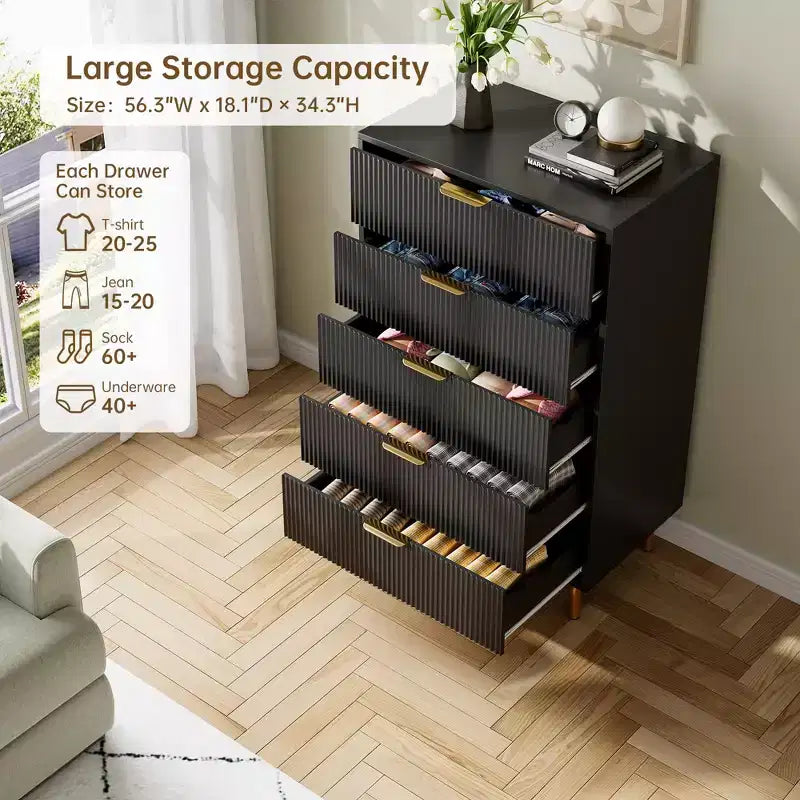 5-Drawer Dresser, 48 Tall Modern Wood Storage Organizer for Bedroom, Black