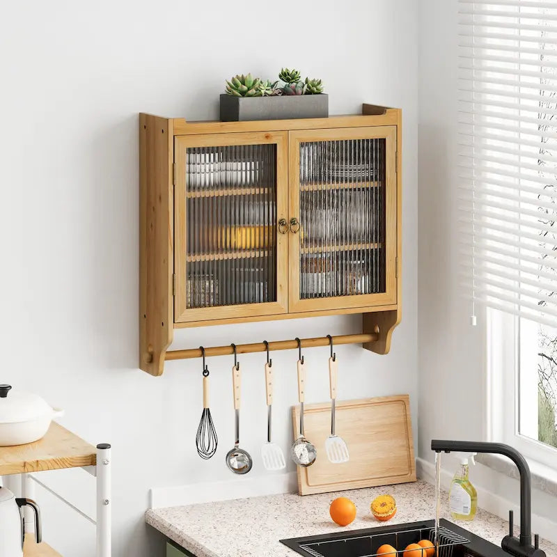 24.8 Vintage Glass Door Wall Cabinet with Double Doors, Three-Tier Storage, and Towel Rack