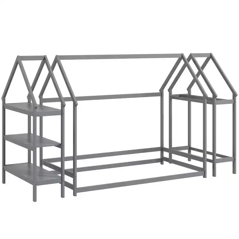 Twin Size Montessori House Floor Bed with Detachable Storage Shelves, Gray/White