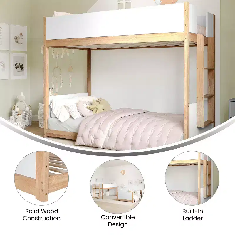 Emma and Oliver Kids Bunk Bed with Convertible, Solid Wood Frame and Easy-to-Climb Ladder with No Box Spring Required