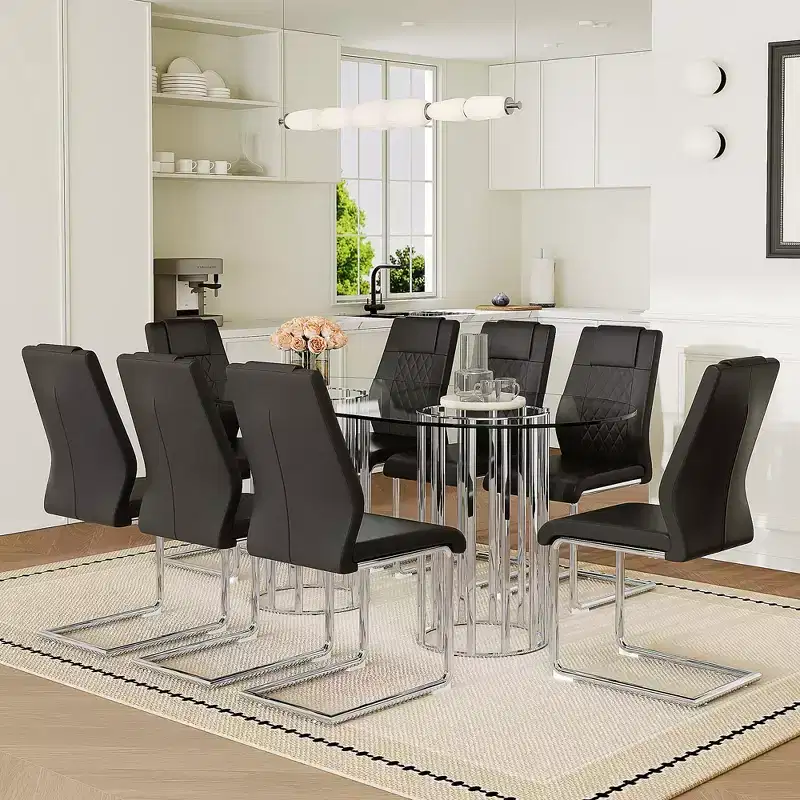 GDFStudio Arvion 8-Person Glass and Metal Dining Set with Faux Leather Upholstered Chairs
