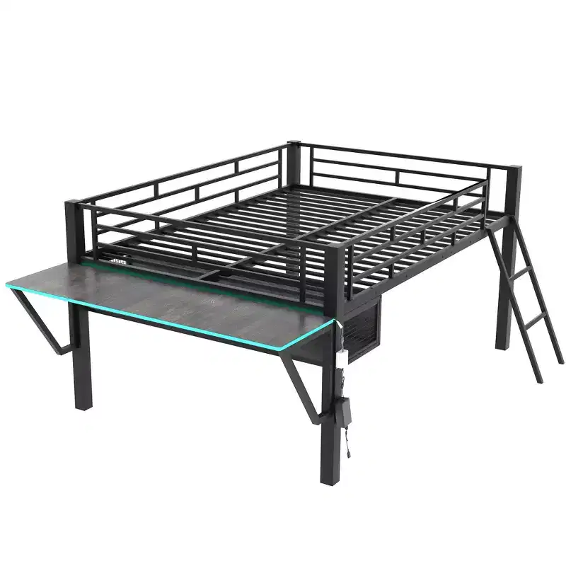 Whisen 92.8''L x 41.7''W Gaming Style Black Metal Loft Bed with Built in Desk, Ladder and Shelf