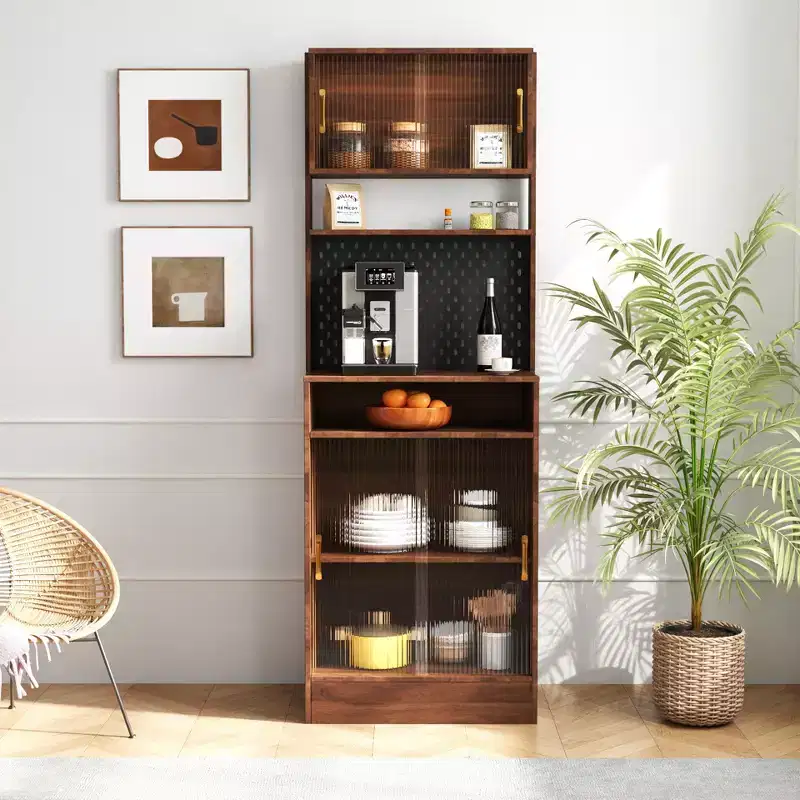 GDFStudio Roxane 25.20'' Modern Kitchen Pantry Carbinet with 2 Sliding Glass Doors and Storage Compartments