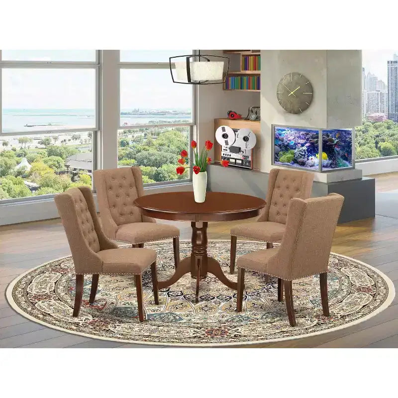 5-Piece Mahogany Finish Solid Wood Top Dining Table with 4 Parson Chair