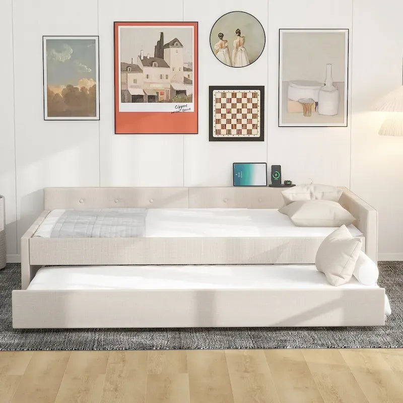 Full Size Upholstered Platform Bed with Twin Trundle & USB Ports | Linen | Beige