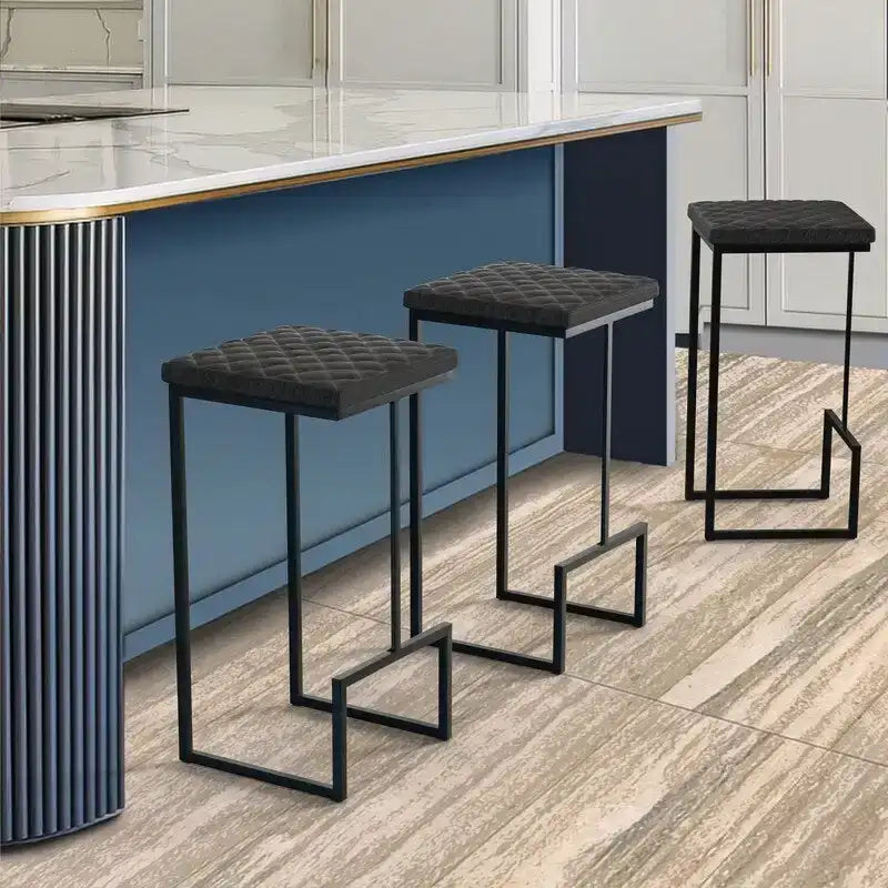 Modern Leather Quilted Counter Height Barstool with Upholstered Square Seats & Footrest for Home Bar & Kitchen Counters