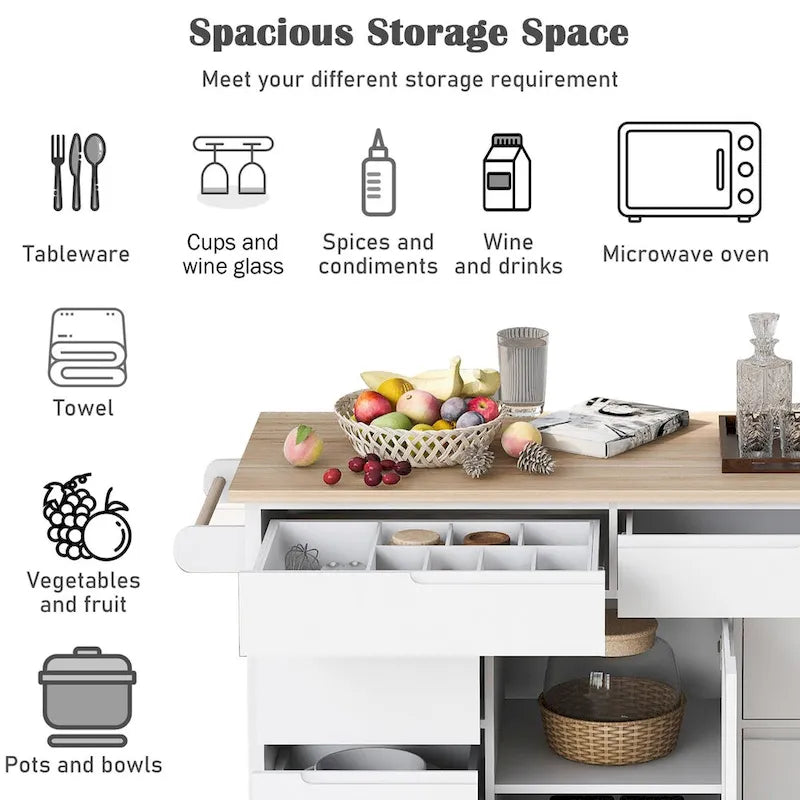 Rolling Kitchen Island Cart with 8 Handle-Free Drawers Rubberwood Top and Spice Rack