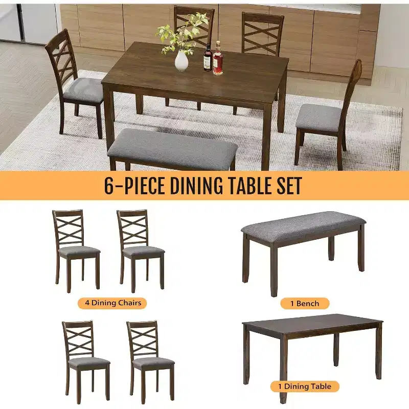 Zevemomo 6-Piece Solid Wood Dining Table Set, Includes 1 Dining Table, 4 Upholstered Chairs and 1 Bench, for Dining Room, Kitchen, Restaurant, Walnut