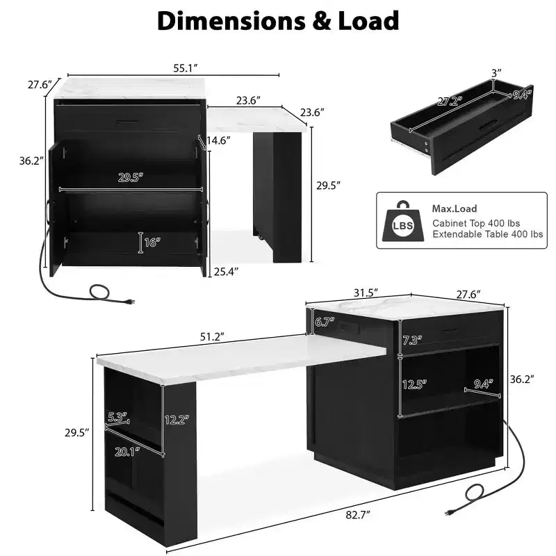 Kitchen Island with Extendable Dining Table and Built-In Storage