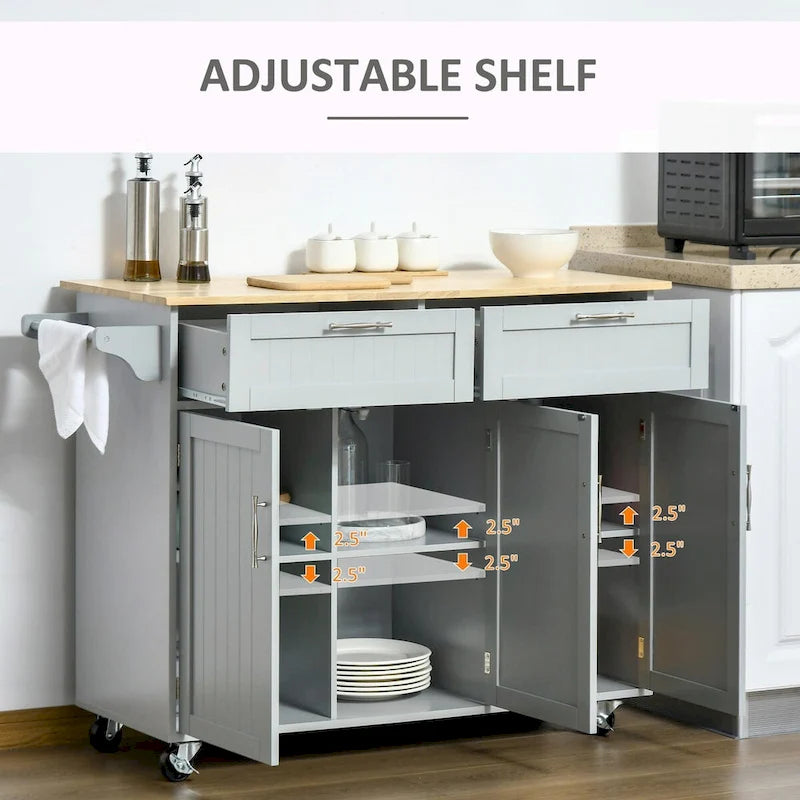 Rolling Kitchen Island Cart with Natural Wood Top 2 Drawers 3 Cabinets and Towel Rack