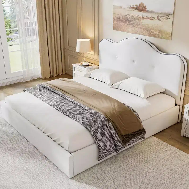 Whisen Queen Size Upholstered Platform Bed, Velvet Bed Frame With Headboard, Sturdy Construction