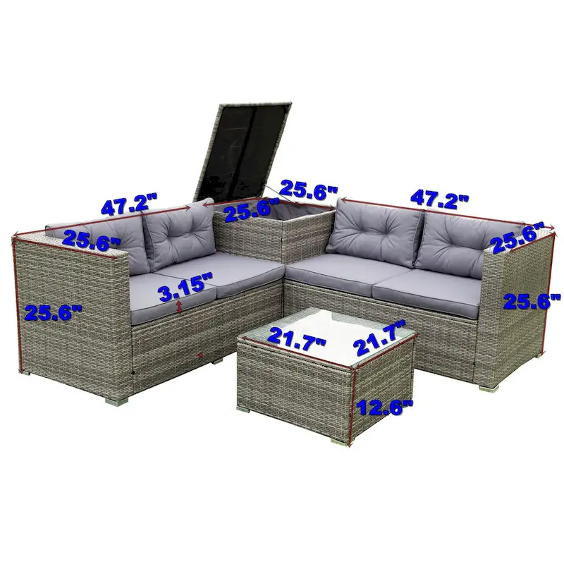 Grey 4-Piece Patio Sectional Wicker Rattan Outdoor Furniture Sofa Set with Storage Box - 47.2 x 25.6 x 25.6