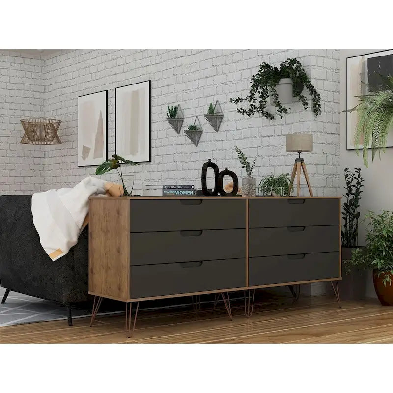 6-Drawer Double Low Dresser with Metal Legs, Modern Bedroom Storage