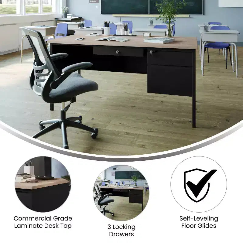 Flash Furniture Cambridge Commercial Grade Single Pedestal Desk with Locking Drawers and Metal Frame