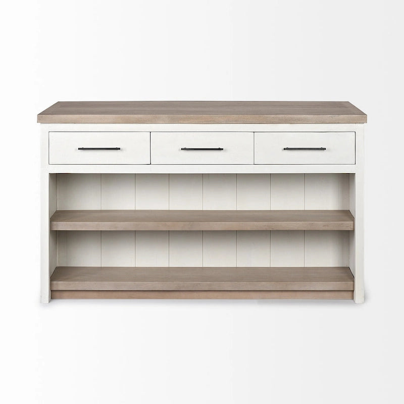 White and Brown Two-Tone Solid Wood Kitchen Island with 3 Drawers and Shelves